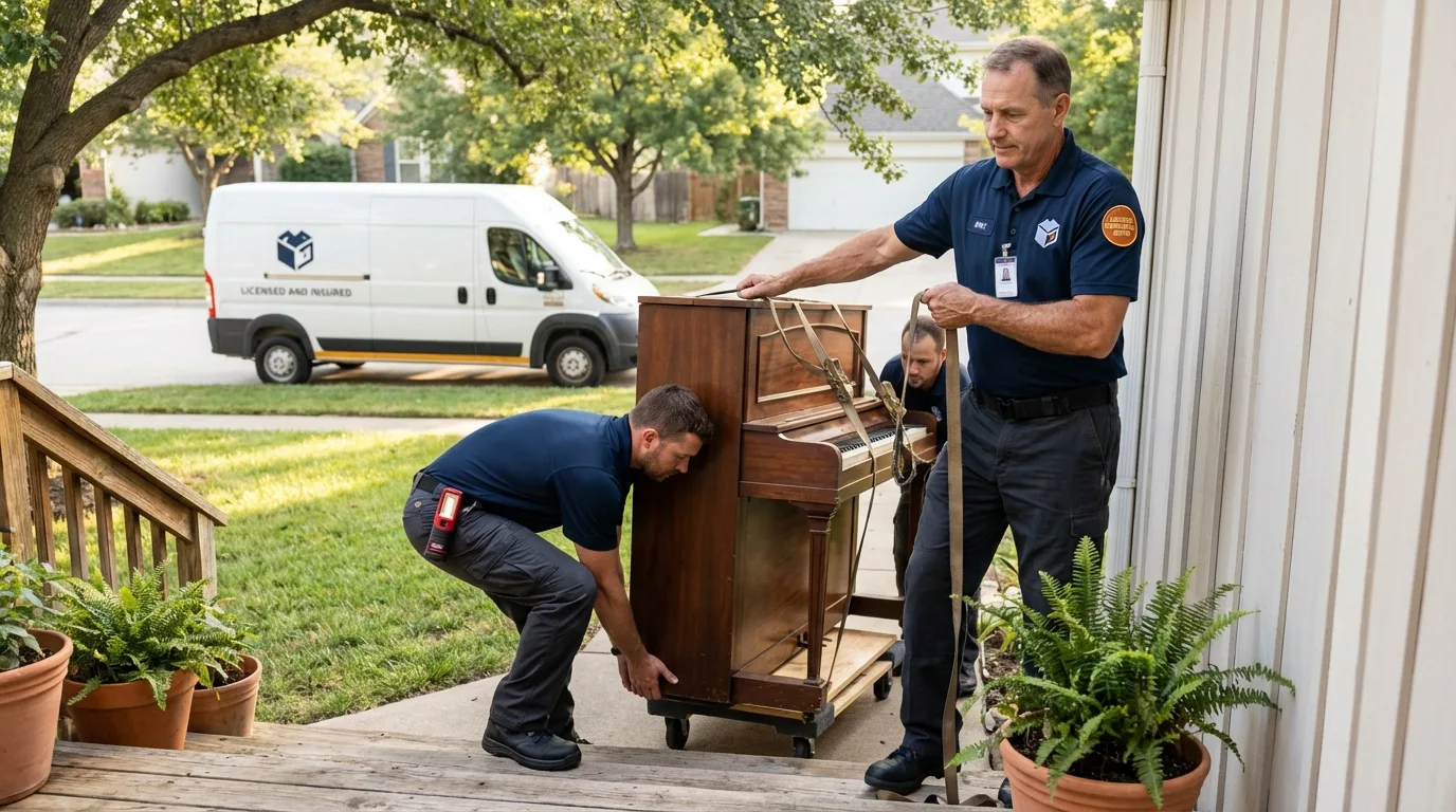 Licensed piano movers securing grand piano in Capitan, NM