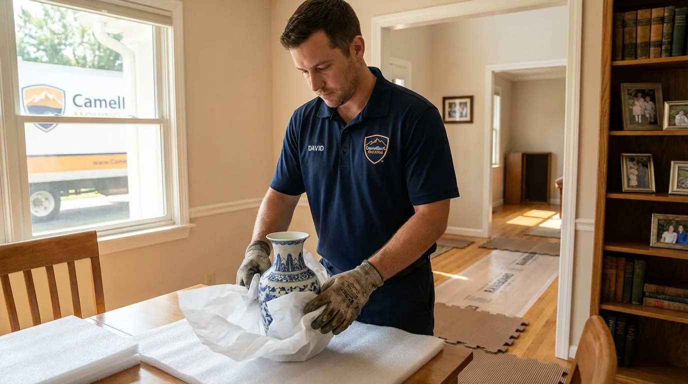 Professional crew carefully wrapping antique vase for senior downsizing move in Capitan, NM