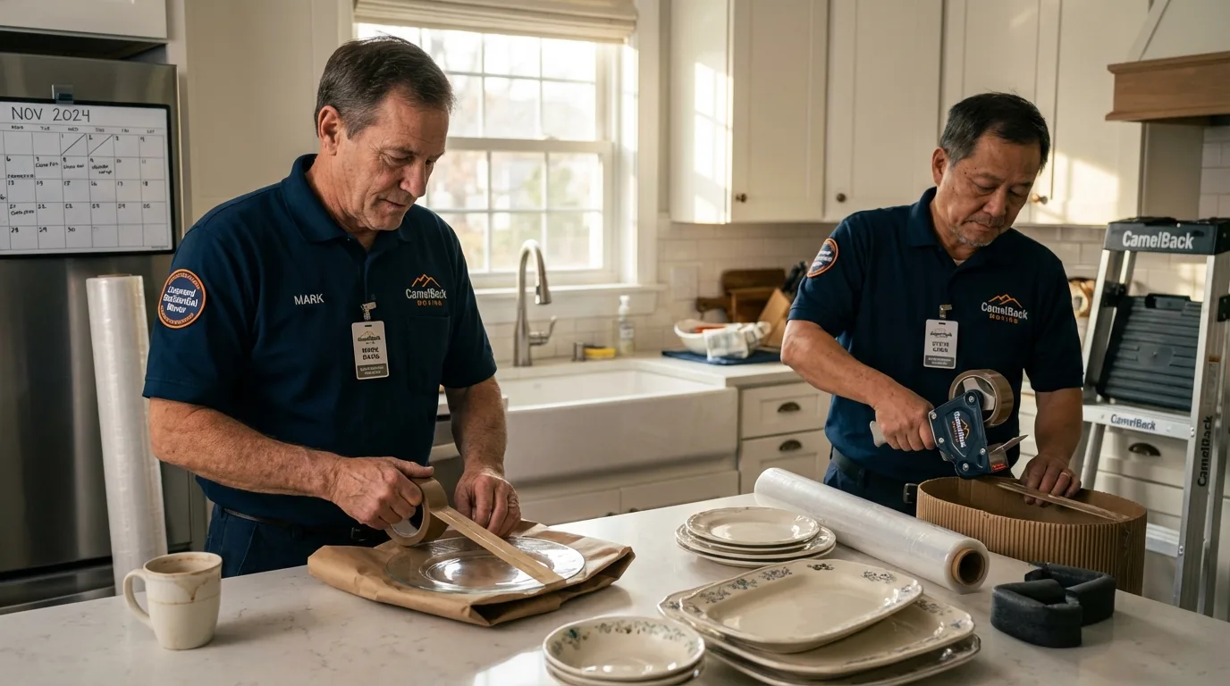 Professional crew packing kitchen dishware in Capitan, NM